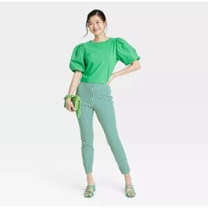 Women's High Rise Slim fit Ankle Pants Green & White Half Moon Print Size 10